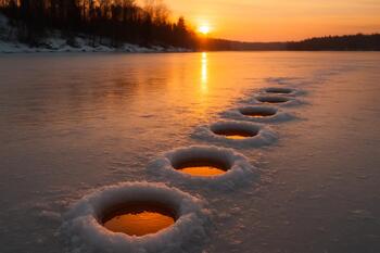 Ice fishing holes drilled close to the shoreline at blue sunset