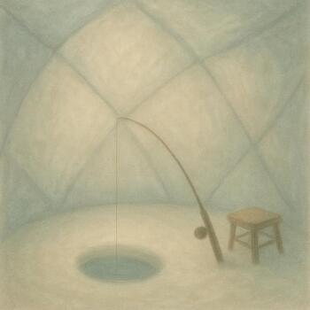 Softly lit ice shelter interior with angler listening to subtle rod movements