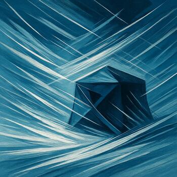 Snow blowing across dark ice with distant figure walking in strong wind