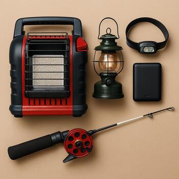 Ice shelter kit with heater, two rods and organized tackle trays