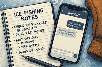 Notebook with service notes and headset lying on a printed ice map