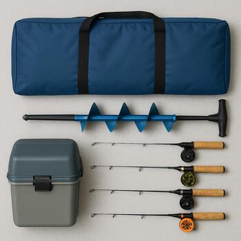 Large sled loaded with multiple ice rods, bucket and shared gear