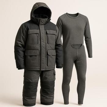 Layered ice fishing clothing set with thermal base, mid layer and insulated parka