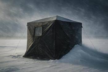 Portable ice shelter standing in blowing snow with drift lines on the ice
