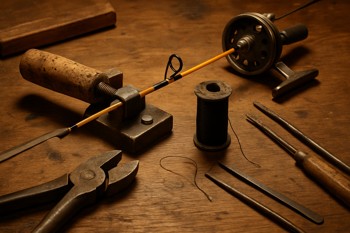 Workbench with an ice rod being carefully repaired under soft light